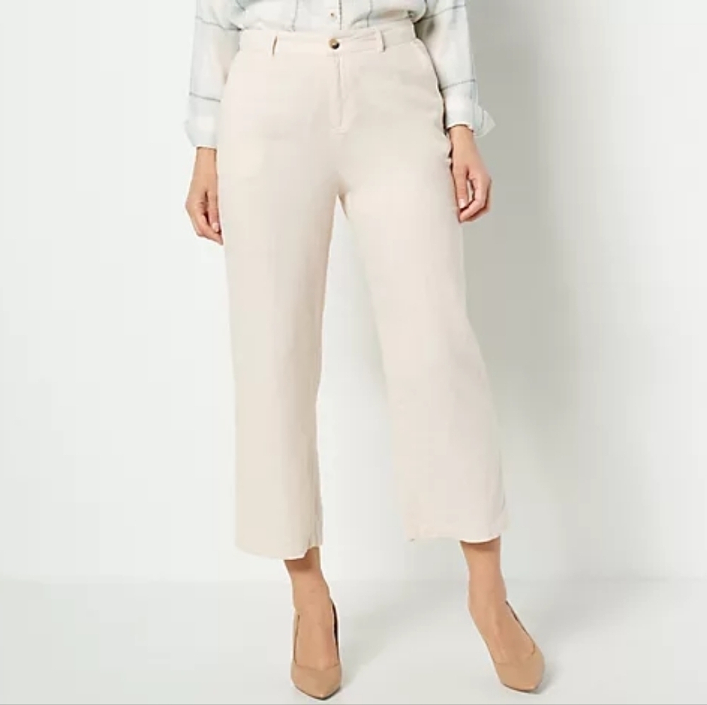 Studio Park Linen Blend Crop Pants Sand Straight Leg Petite 14P